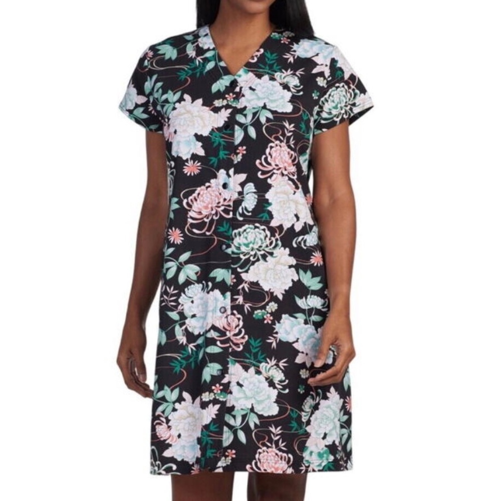 Miss Elaine Womens Short Sleeve Floral Snap Front Nightgown Gown Black Floral S